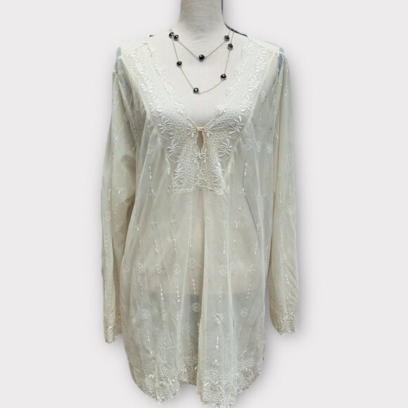 Avenue Womens 22/24 Romantic Sheer Chiffon Lace Floral Tunic Blouse Bell Sleeves - Picture 1 of 8